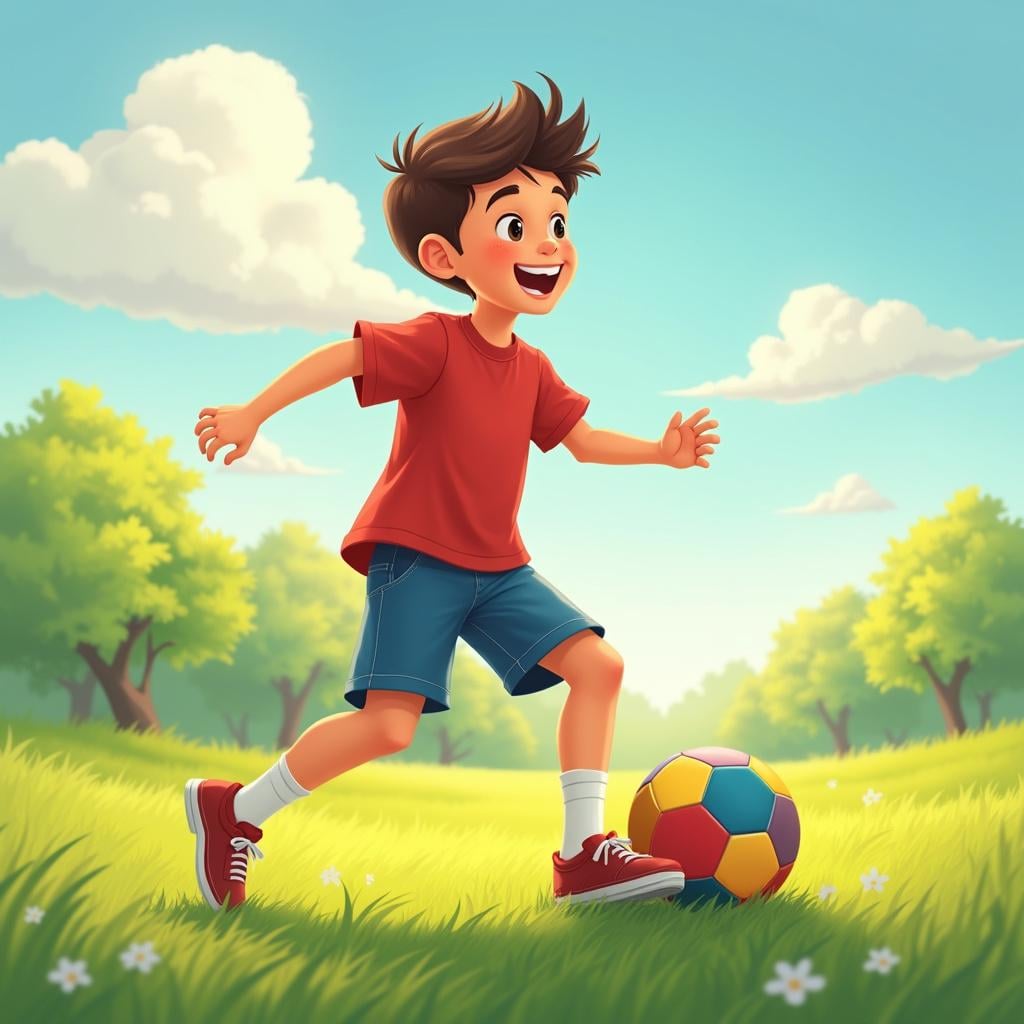 A happy young boy, around eight years old, playing with a colorful ball in a sunny green meadow.