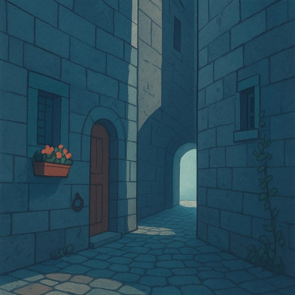 A narrow, empty passage separating two tall, stone buildings, illustrating an alleyway.