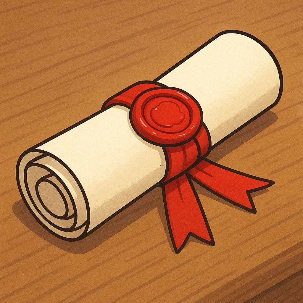 Eine fest zusammengerollte Pergamentrolle, die mit einem roten Band verschnürt und mit einem großen, runden roten Wachssiegel gesichert ist und einen formellen Vertrag darstellt.