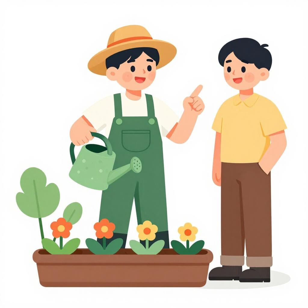 A gardener pointing to their own watering can while another person watches, showing it is their responsibility.