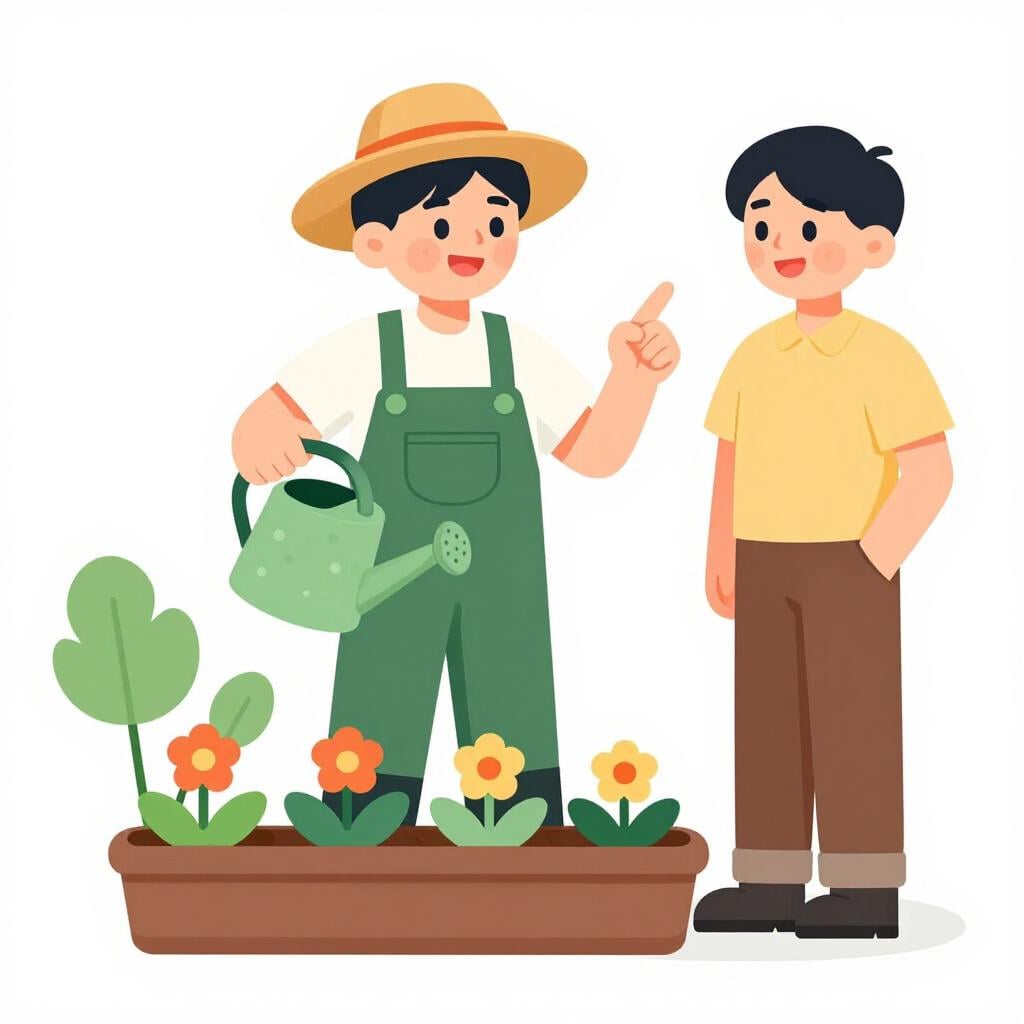 A gardener pointing to their own watering can while another person watches, showing it is their responsibility.
