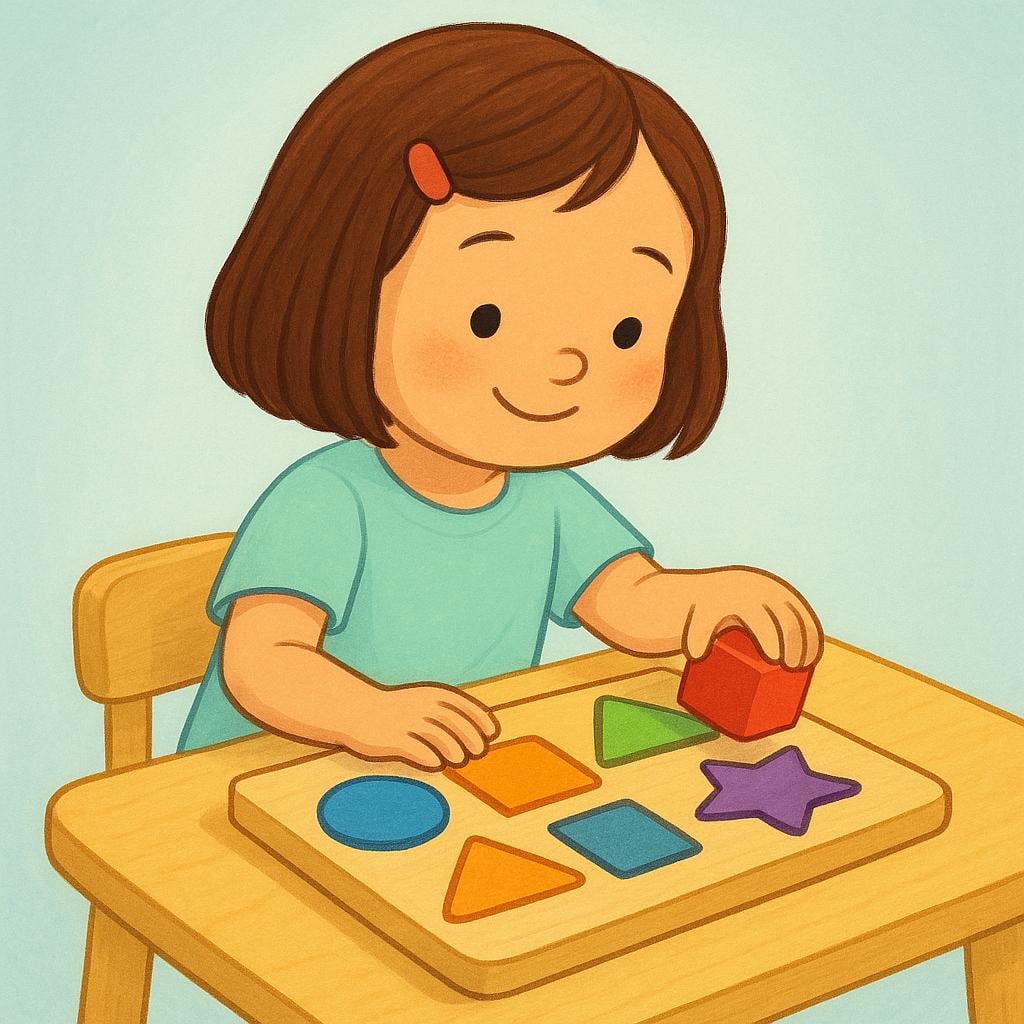 A young girl smiles confidently while placing the final piece into a colorful, simple wooden shape puzzle on a table.