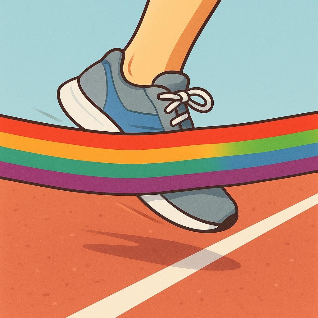 A simple storybook illustration of a finish line: a white ribbon stretched taut across a running track, waiting for a competitor.