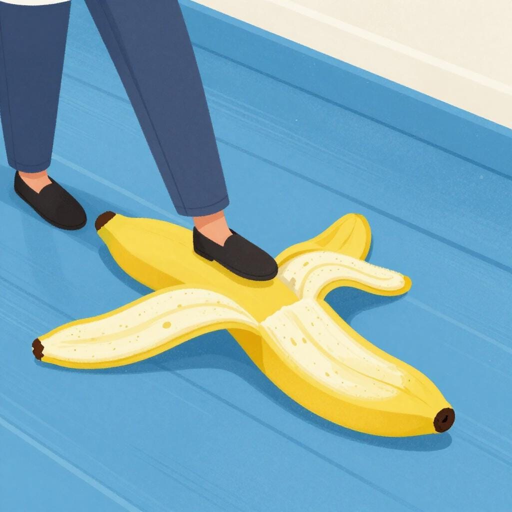 A person slipping on a banana peel on a shiny floor.
