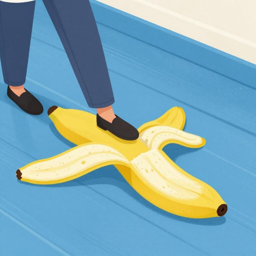 Una persona che scivola su una buccia di banana su un pavimento lucido.