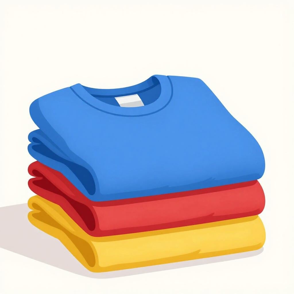 A stack of folded colorful short-sleeved cotton T-shirts.