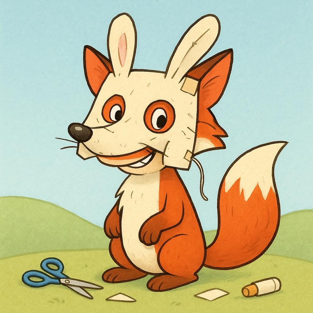 A simple storybook illustration of a cartoon fox wearing a poorly constructed paper mask of a rabbit, clearly showing the deception.