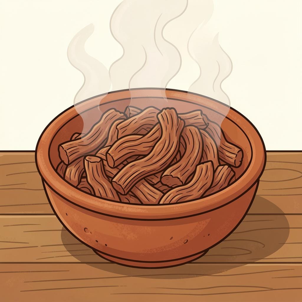 A rustic clay bowl filled with shredded, tender meat.