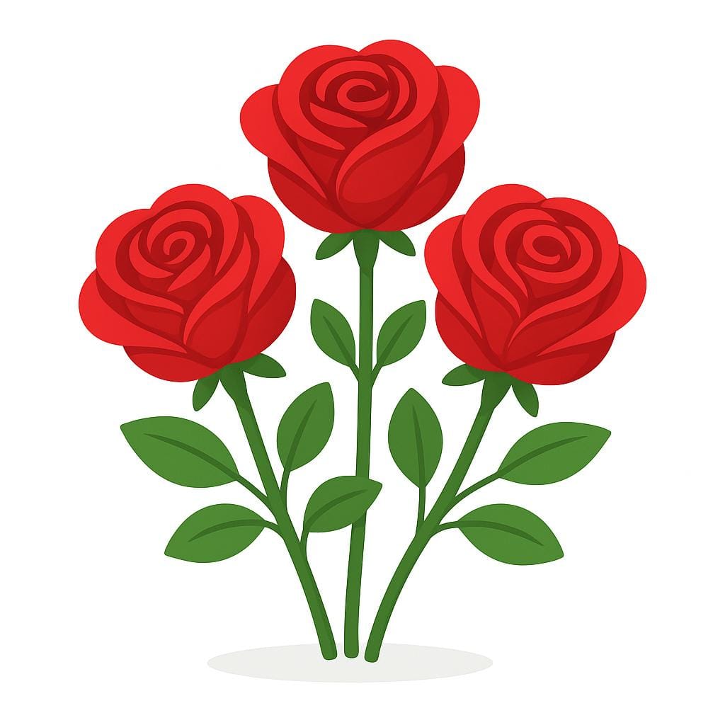 A simple illustration showing three vibrant red roses with green leaves and stems.