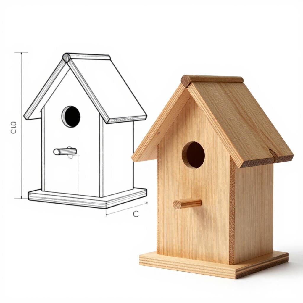 A wooden birdhouse built exactly to match a paper blueprint lying next to it.
