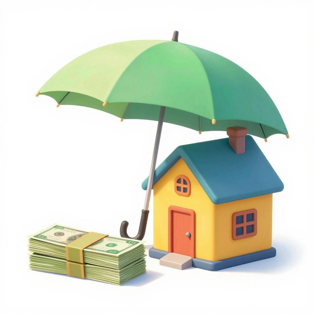 Uma pequena pilha de dinheiro de papel colorido ao lado de uma casa em miniatura protegida por um grande guarda-chuva aberto.