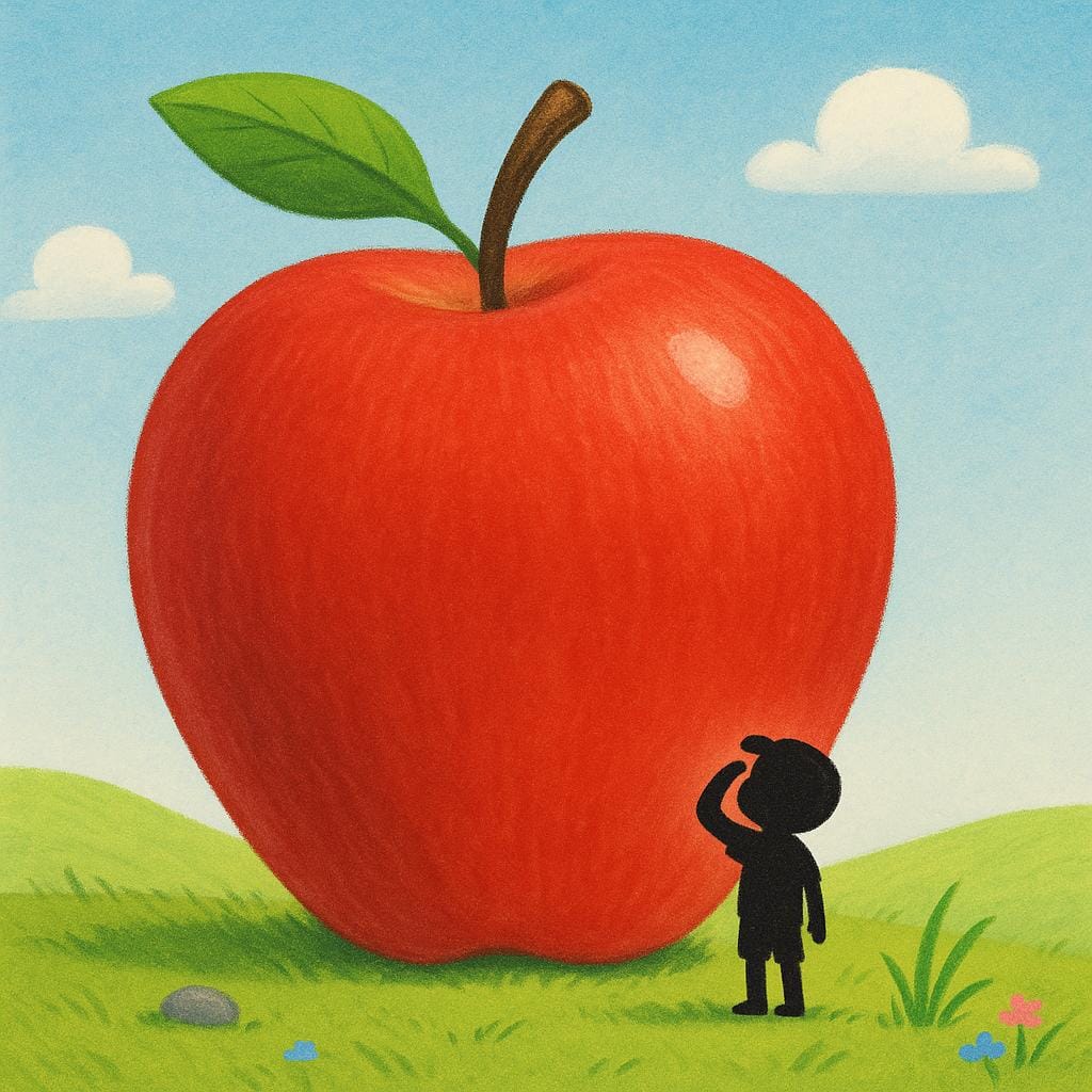 A tiny child standing next to a massive, brightly colored red apple, emphasizing its huge size.