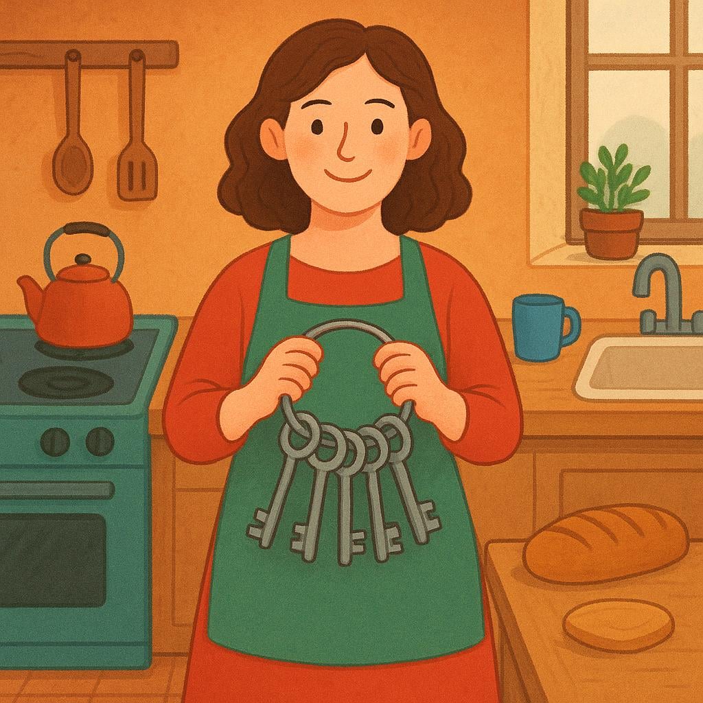 A woman standing proudly in the center of a warm, domestic kitchen setting, holding a large ring of keys, symbolizing the head of the household.