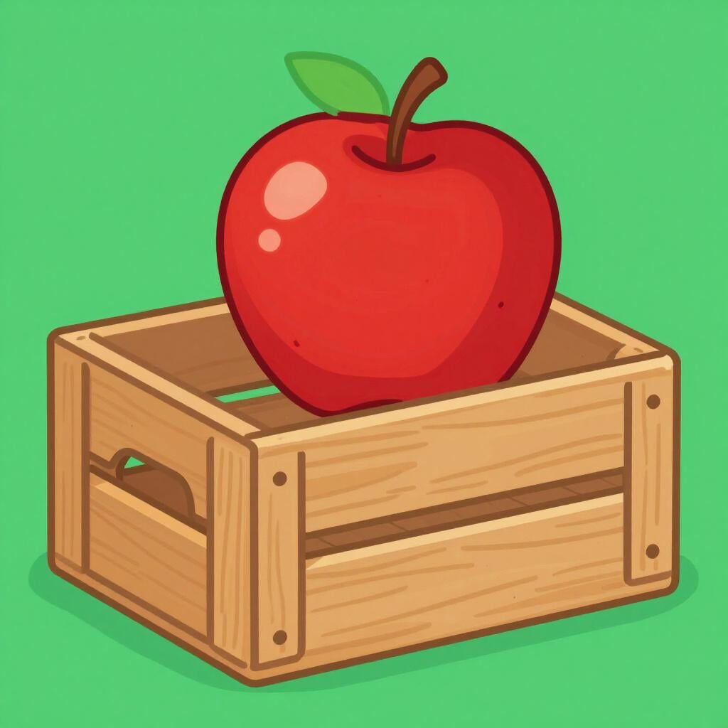 Een helderrode appel die op het buitenoppervlak van een gesloten houten kist ligt.