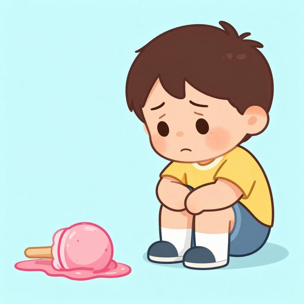 Un personnage de dessin animé avec une expression frustrée tenant un cornet de glace tombé.
