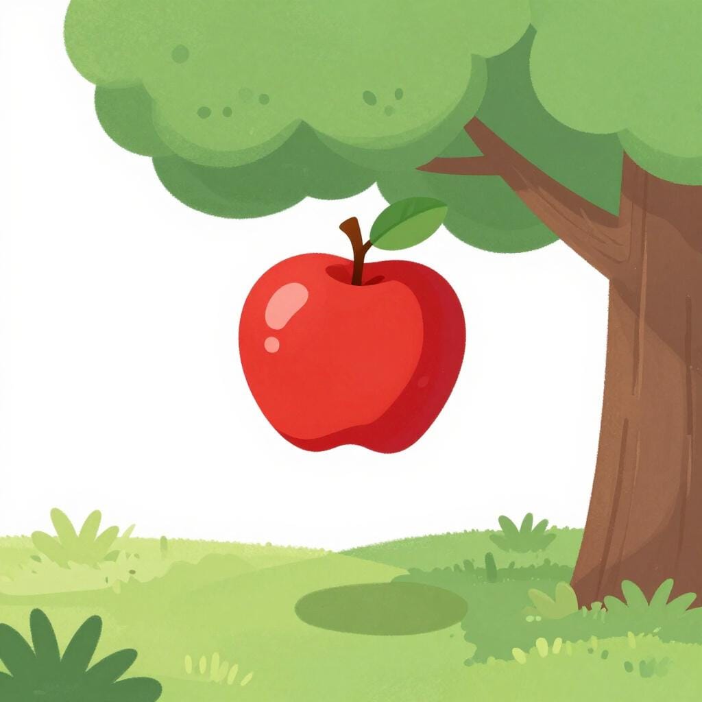 Ein reifer roter Apfel fällt von einem belaubten Ast auf das weiche grüne Gras.