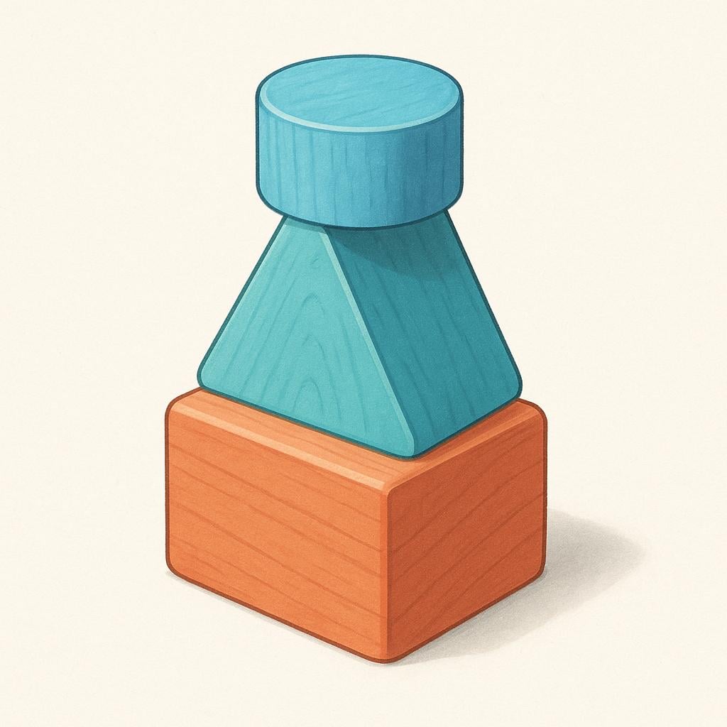 A minimalist illustration of several brightly colored interlocking geometric blocks forming a stable, complex structure.