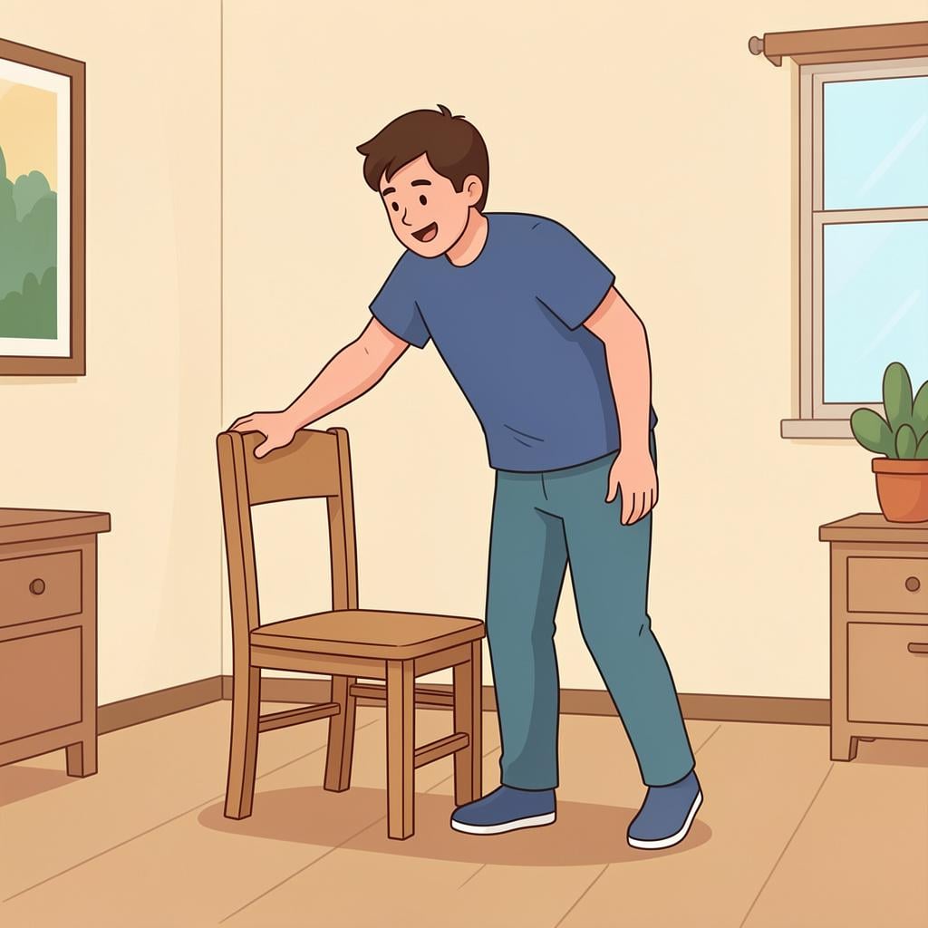 A person rising from a wooden chair into a standing position.