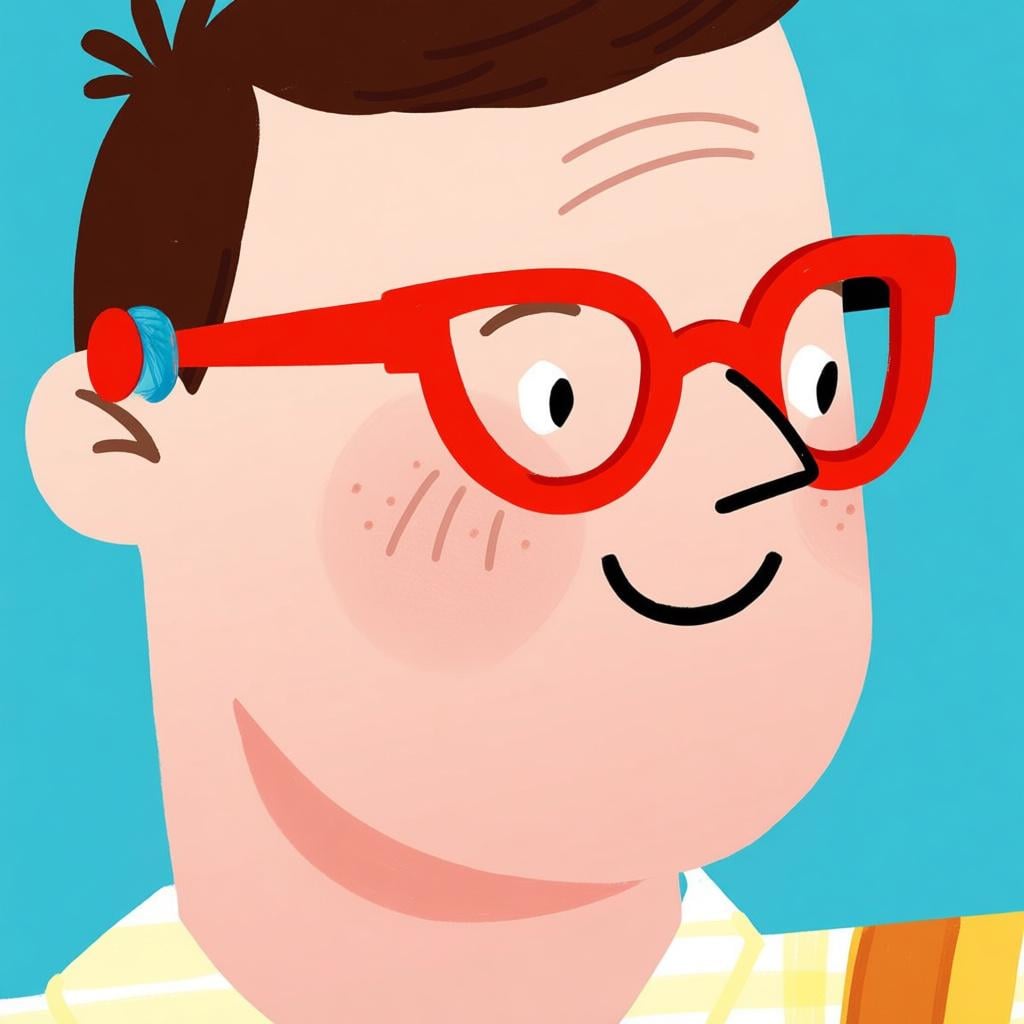 A smiling man wearing bright red reading glasses and a blue shirt.