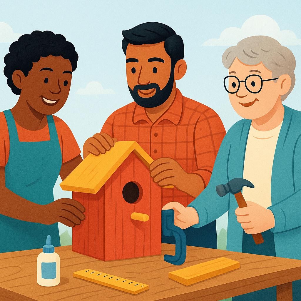 Three stylized figures are joyfully working together, assembling colorful wooden pieces to build a small, decorative birdhouse on a workbench.