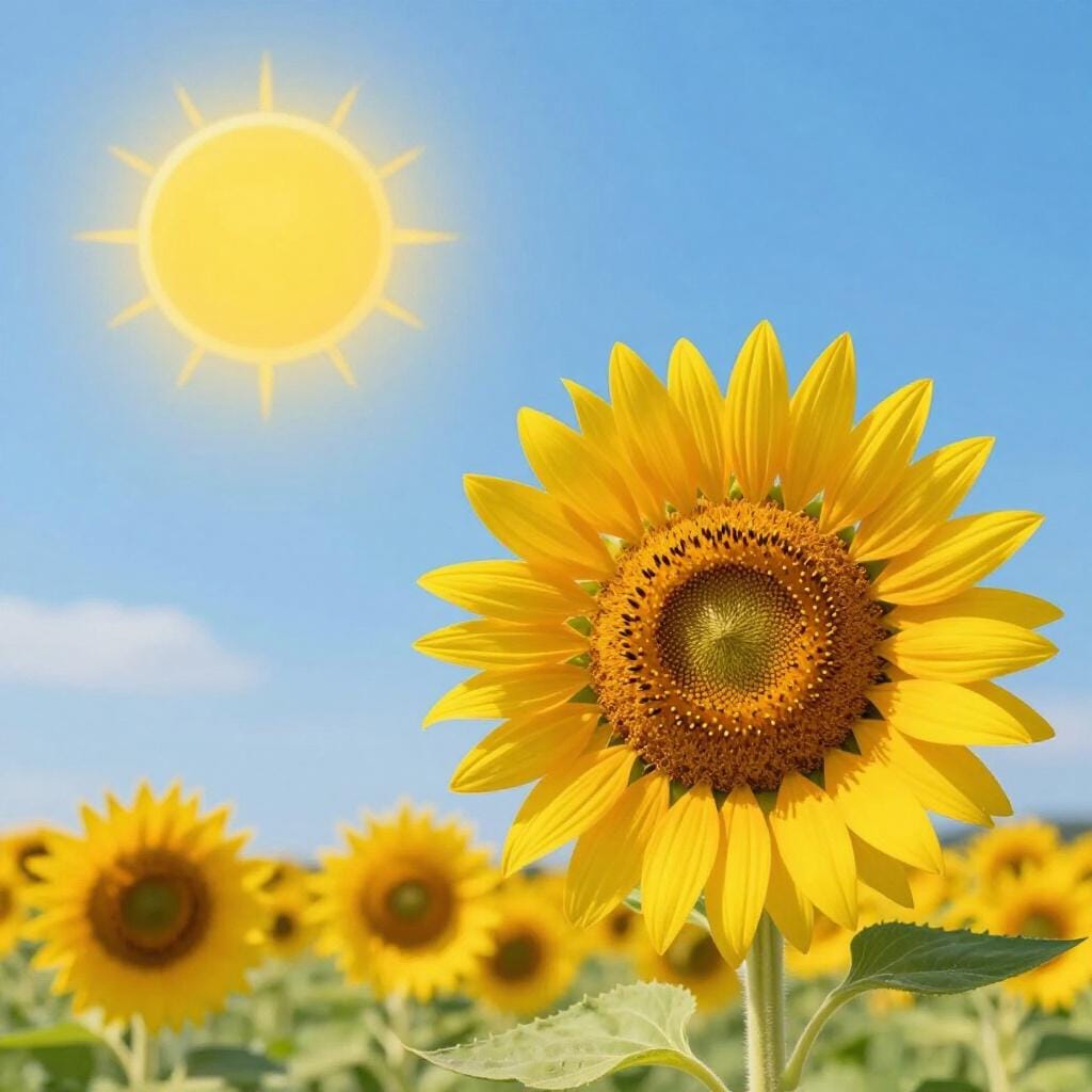 Un sole giallo brillante nel cielo accanto a un girasole giallo brillante a terra.