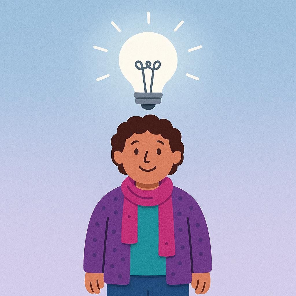 A cheerful person with a bright, glowing lightbulb floating directly above their head, representing a moment of sudden understanding.