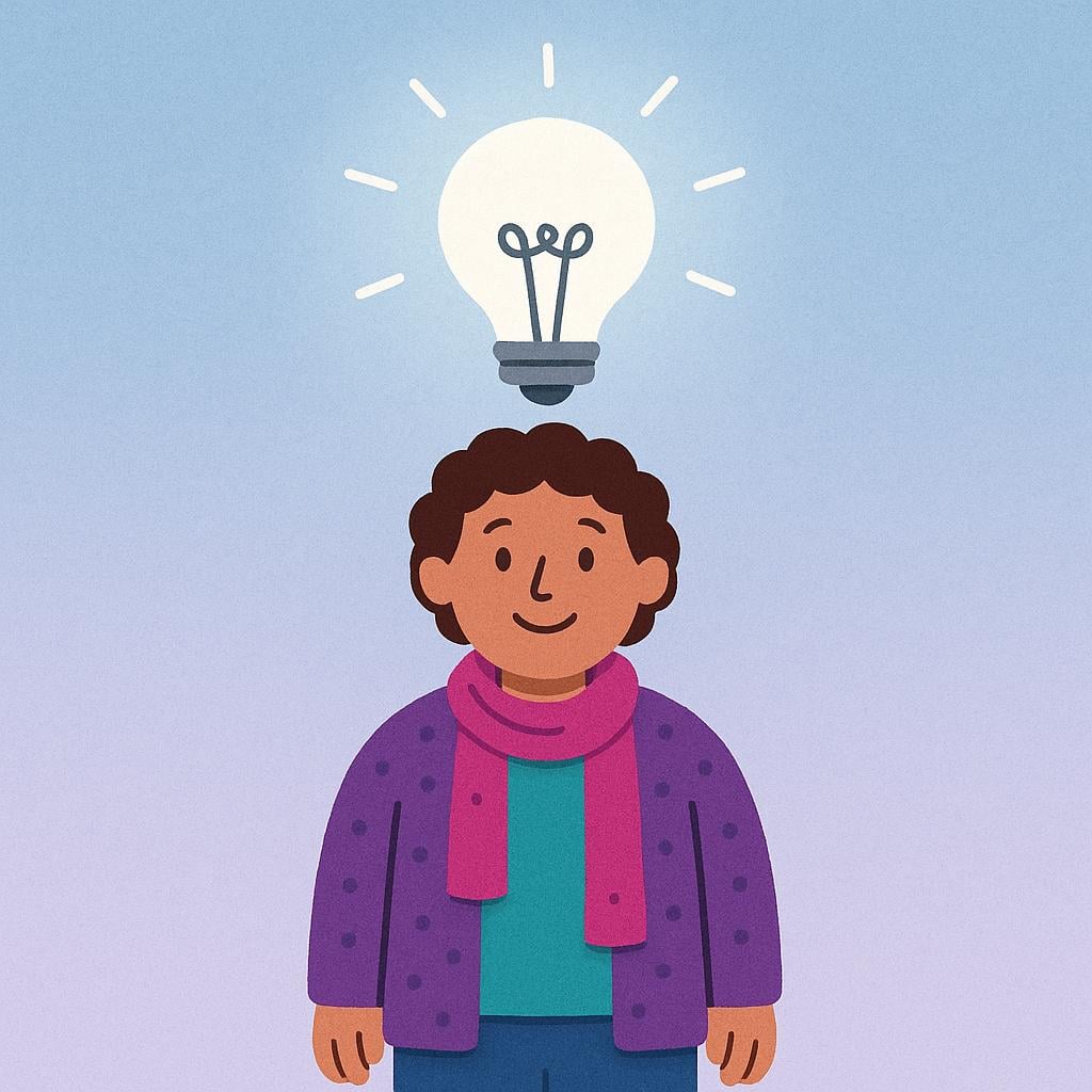 A cheerful person with a bright, glowing lightbulb floating directly above their head, representing a moment of sudden understanding.