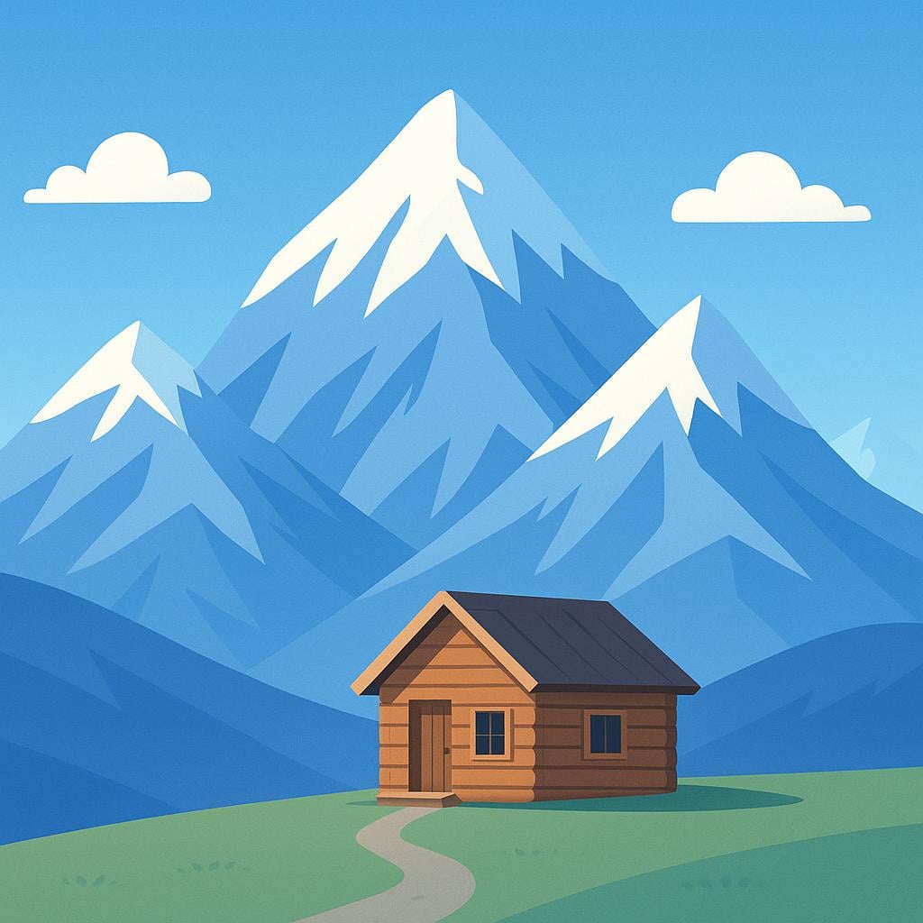 A tiny wooden cabin is barely visible at the base of enormous, distant mountains, emphasizing physical remoteness.