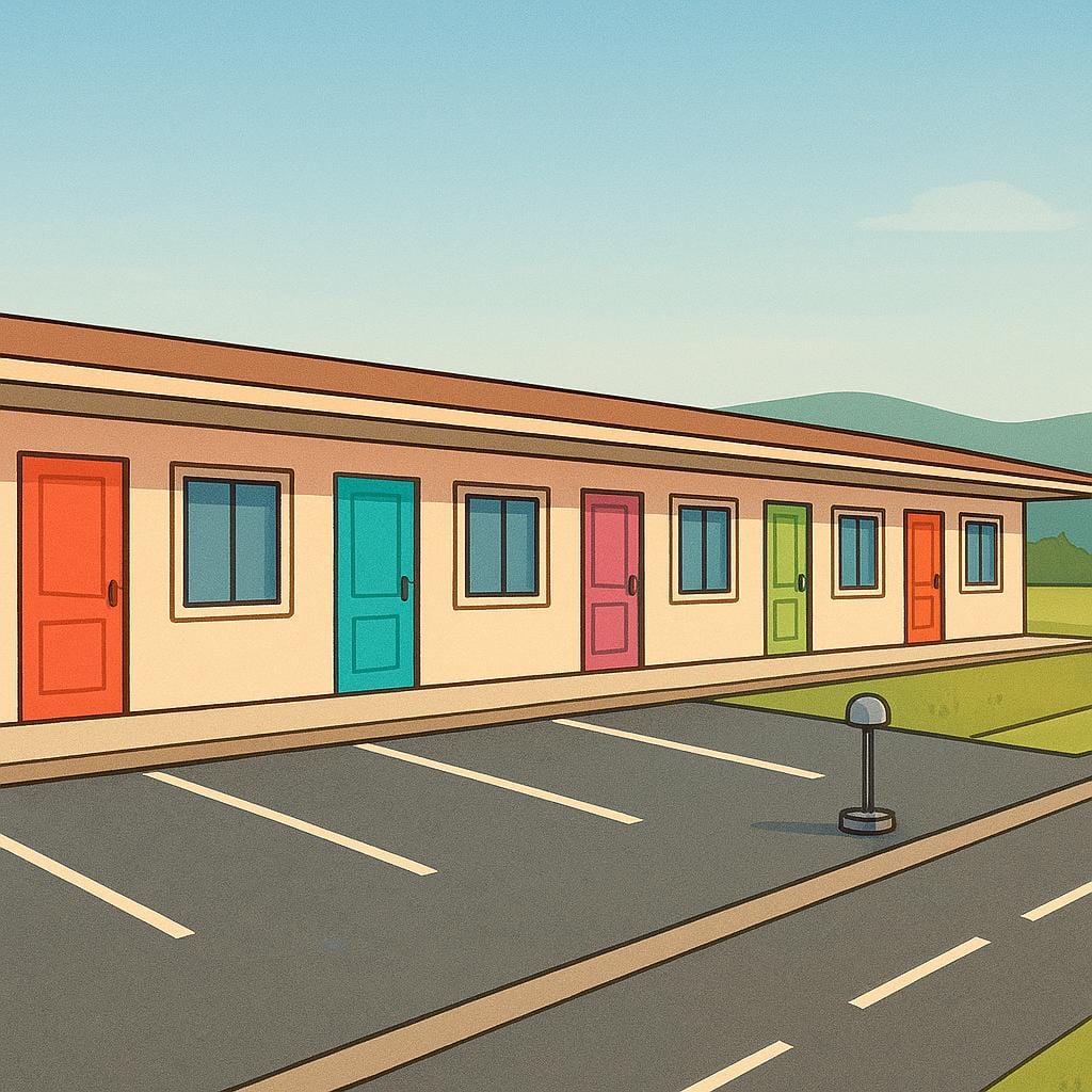 A simple illustration of a low-slung, colorful motel building with a row of doors leading directly outside, situated near a paved road, representing roadside accommodation for travelers.