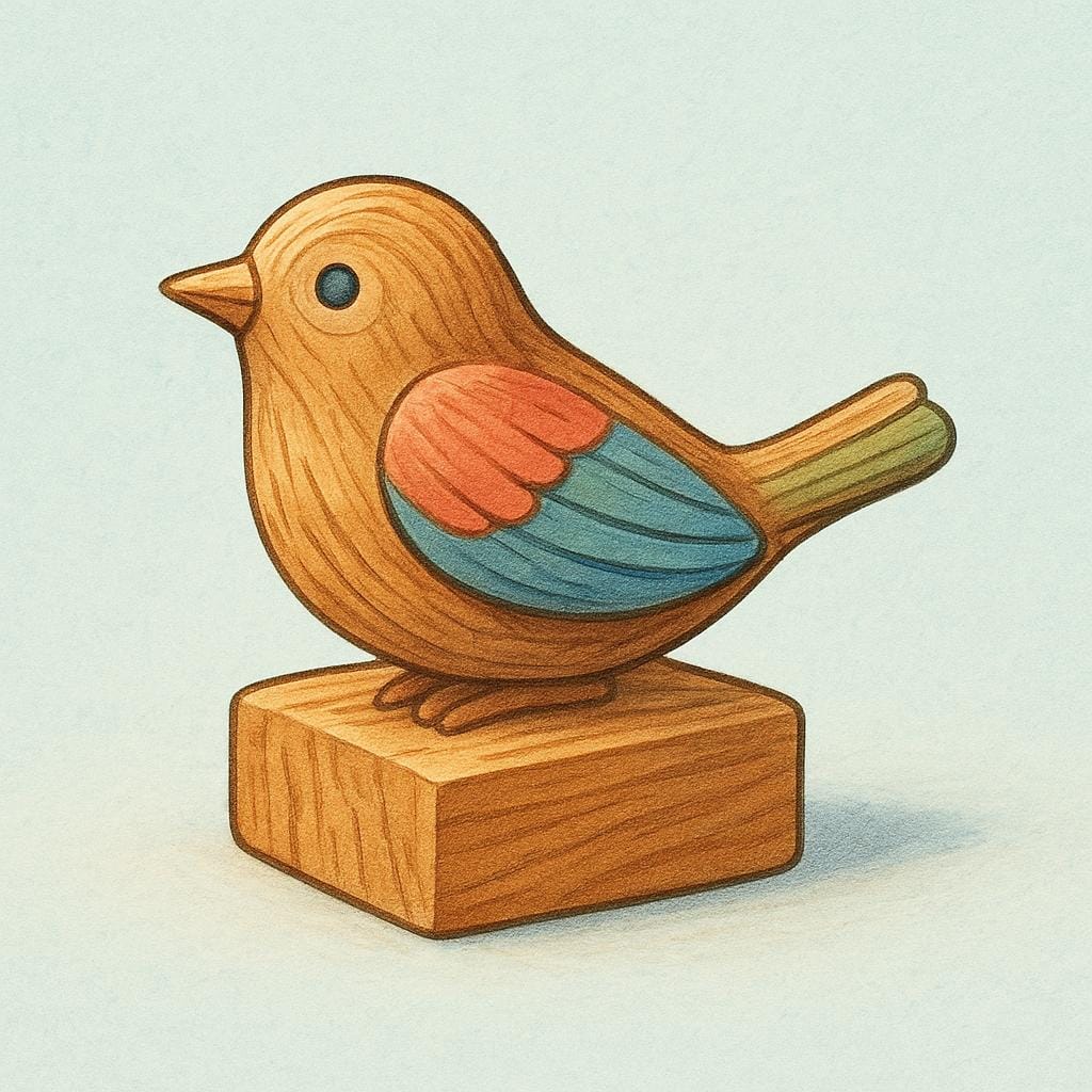 A detailed but simple wooden carving of a stylized bird resting on a small block of wood, showing the texture of the carving.