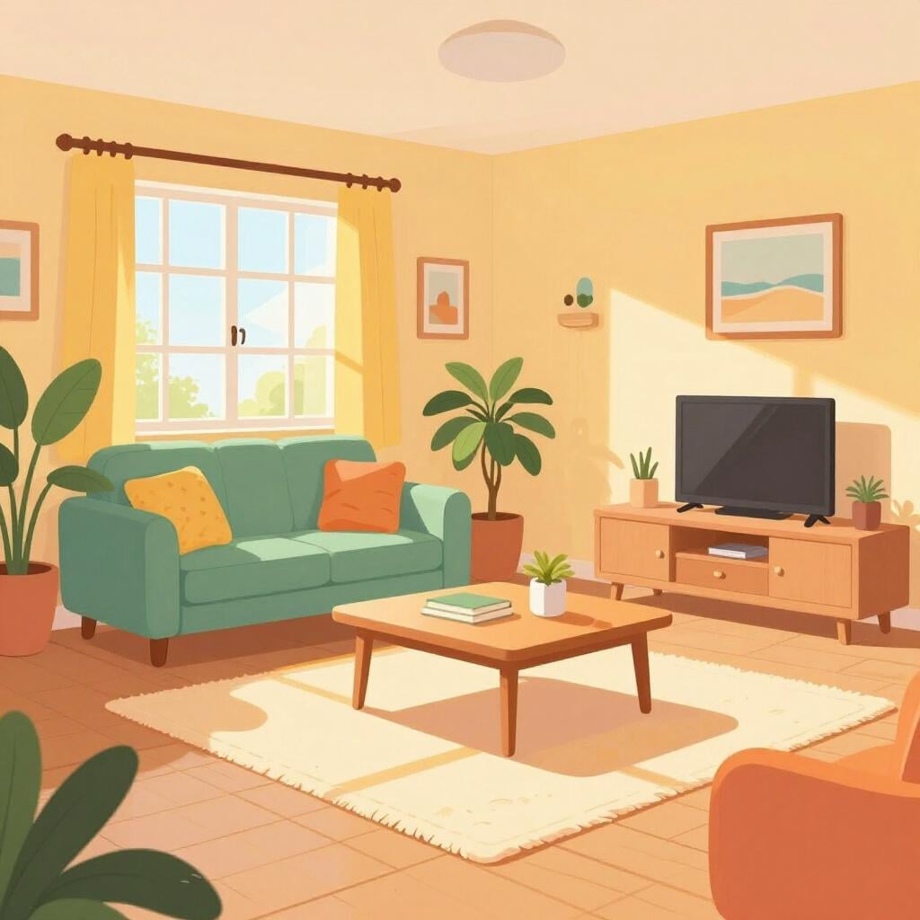 A cozy room filled with bright, warm sunlight streaming through a large window.