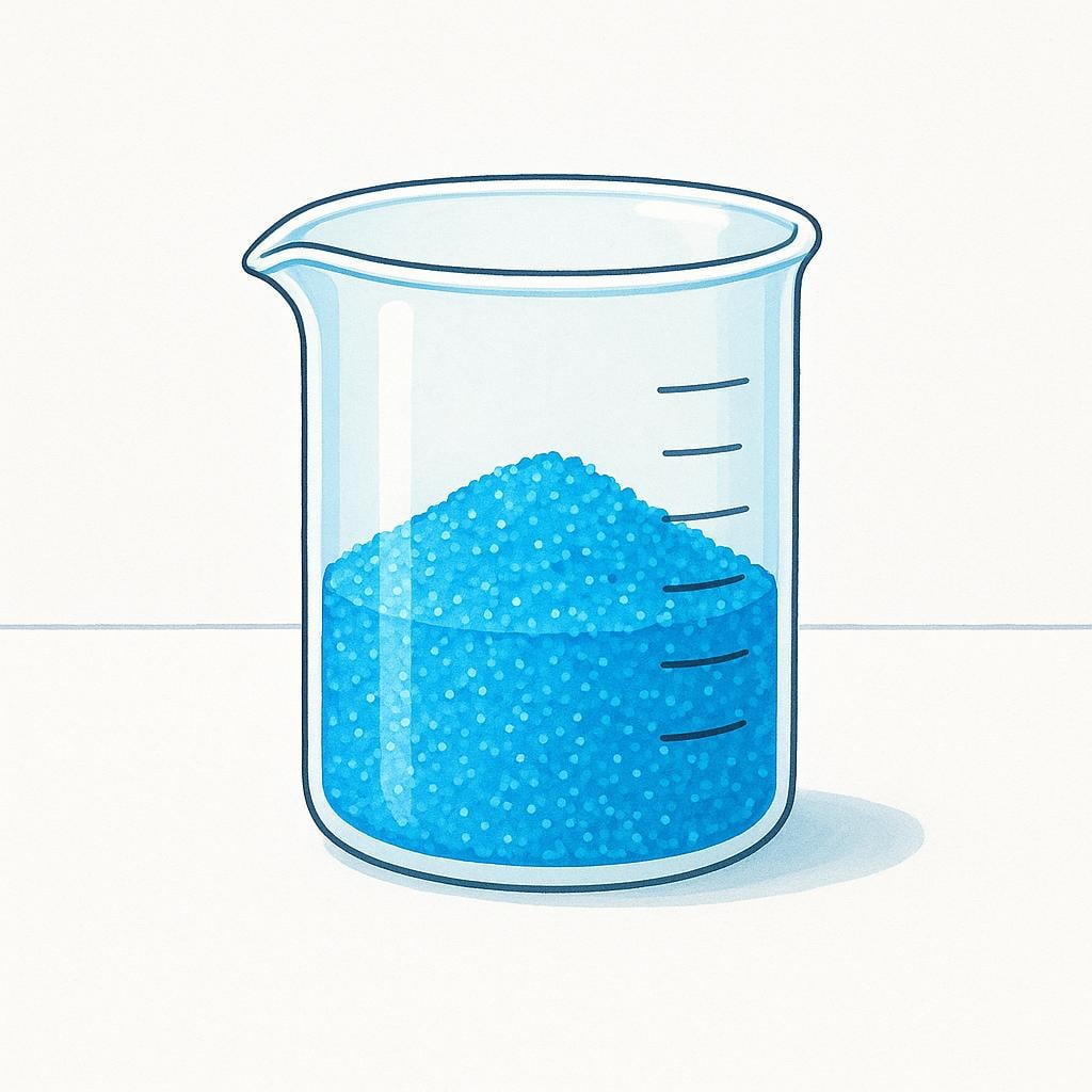 A clear glass laboratory beaker filled halfway with bright blue, fine crystalline powder, sitting on a white lab counter, representing a raw chemical material.