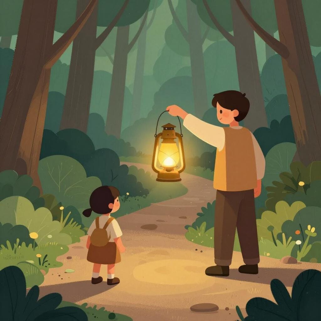 Un anziano saggio che tiene una lanterna luminosa per mostrare un sentiero a un giovane in una foresta.