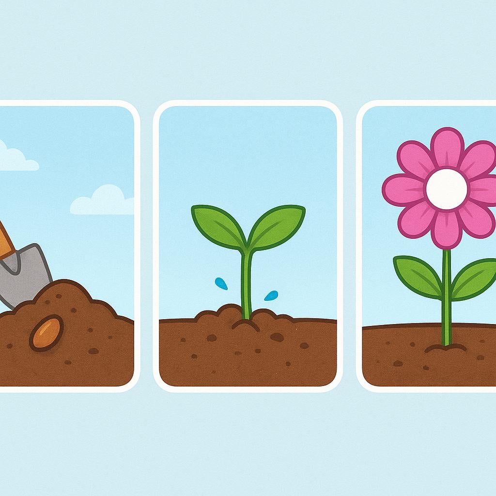 A three-panel sequence illustrating a standardized procedure: the first panel shows a single seed being planted, the second shows a small sprout, and the third shows a fully grown flower.