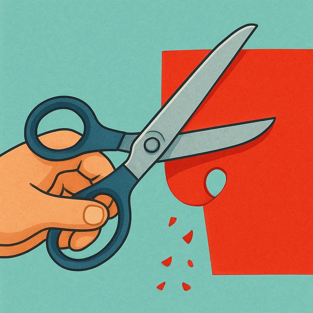 An illustration showing a hand using sharp scissors to cut a piece of bright red construction paper.