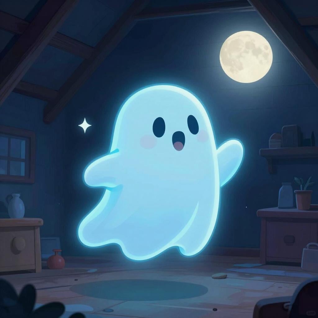 A friendly, translucent blue ghost floating gently in a moonlit attic.