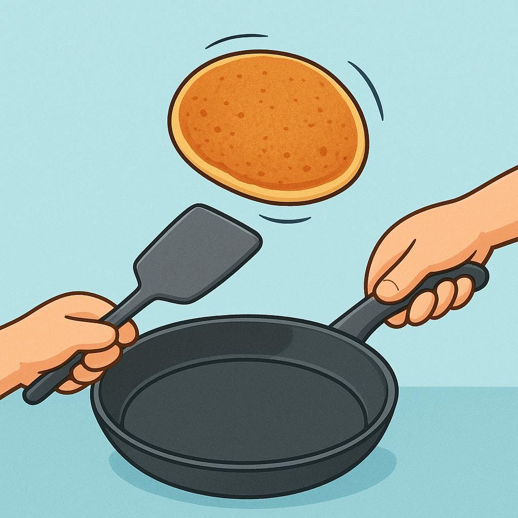 Deux mains de dessin animé positionnées côte à côte, retournant activement une crêpe dorée en l'air au-dessus d'une grande poêle sombre.