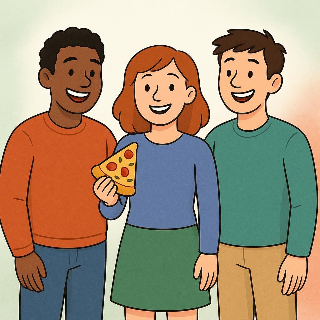 A group of three smiling people, two men and one woman, standing together. They are dressed in casual clothes, and one person is holding a slice of pizza, symbolizing Italian heritage.