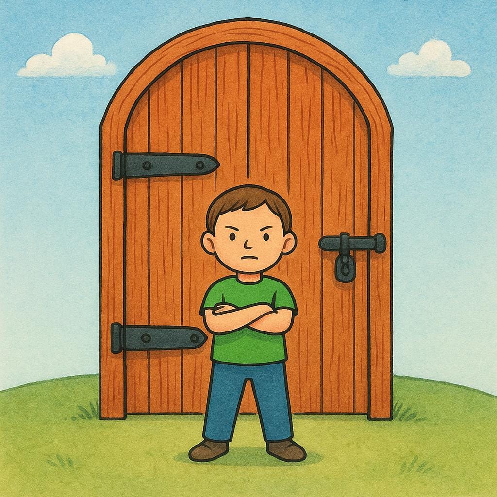 Une silhouette solitaire portant des vêtements légèrement dépareillés se tient avec confiance, les bras croisés, devant un grand portail gris, imposant mais simple.