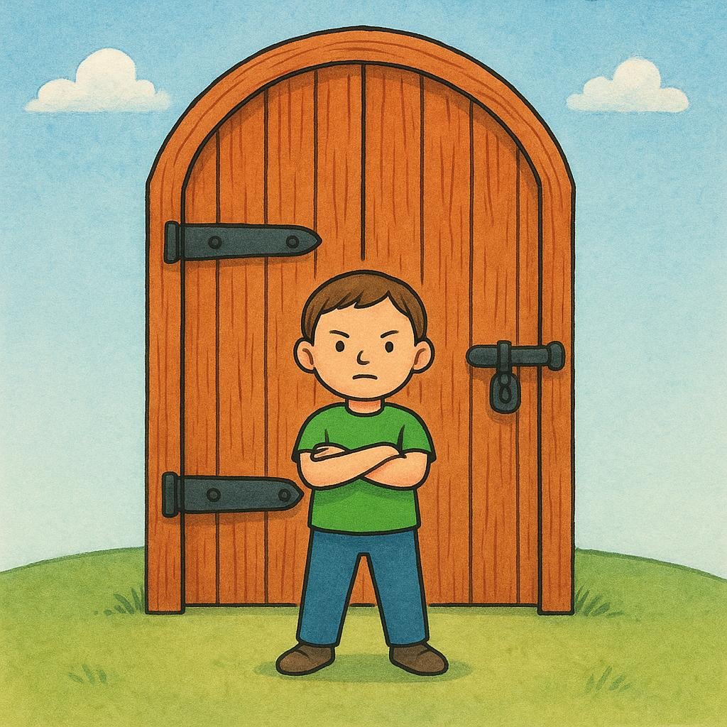 A lone figure wearing slightly mismatched clothes standing confidently with crossed arms outside a large, imposing, but simple gray gate.