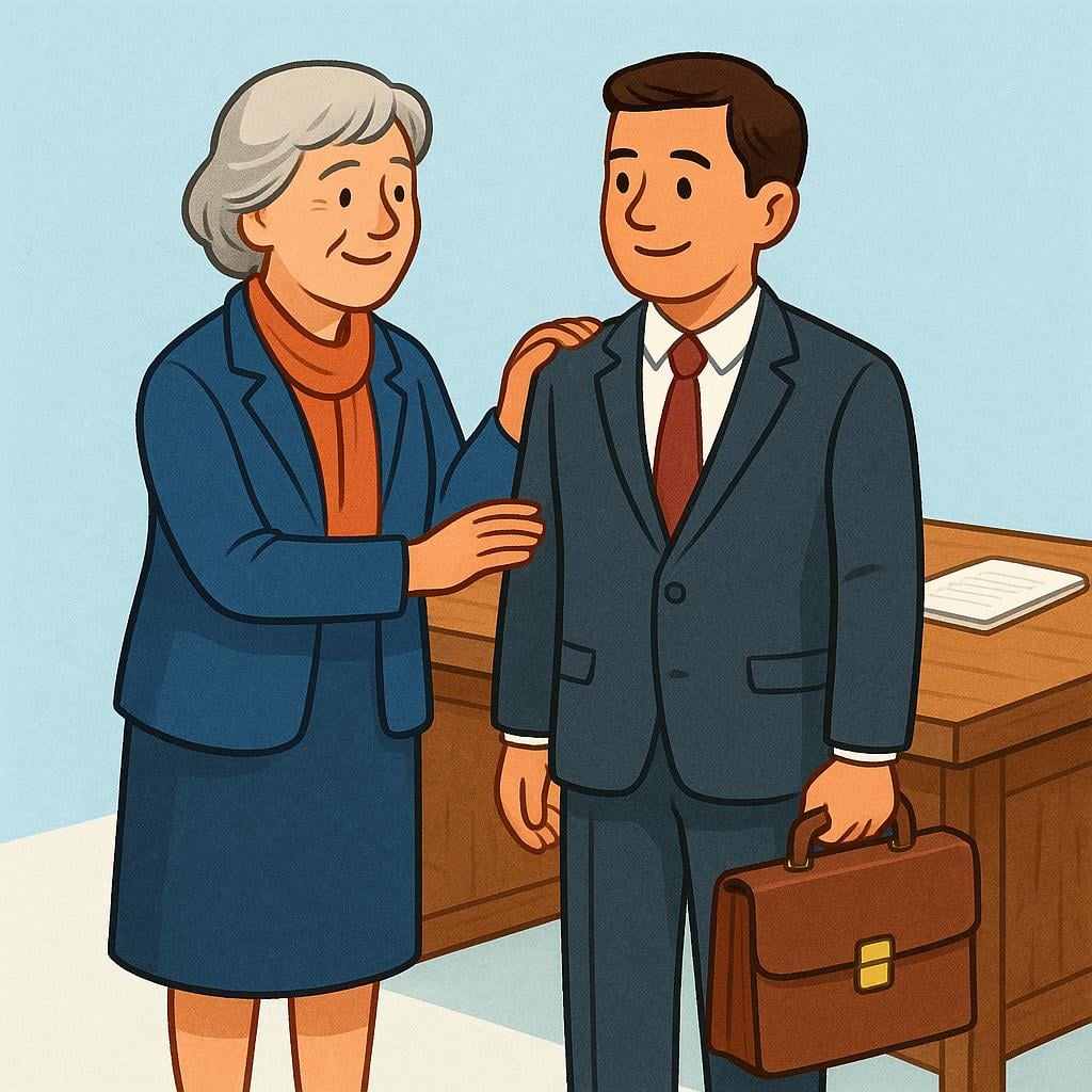 An established, well-dressed person placing a supportive hand on the shoulder of a younger person holding a briefcase, symbolizing a powerful patron.