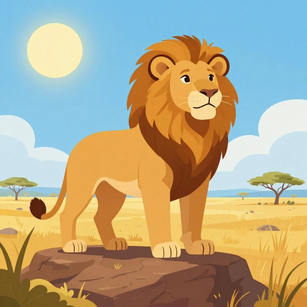 A majestic lion standing on a high rock overlooking a vast golden savanna under a bright sun.