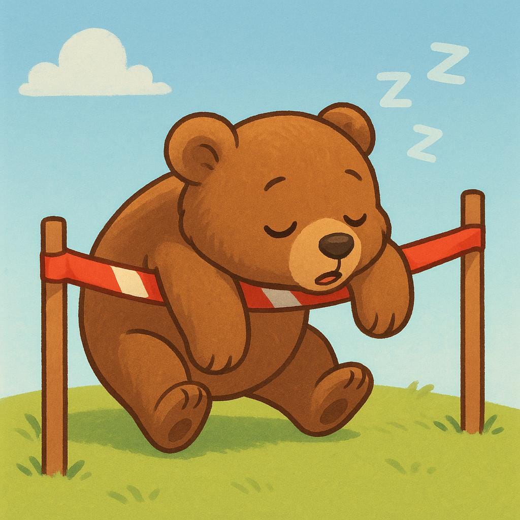 A cartoon bear cub, clearly tired, slumped over and asleep right after crossing a finish line.