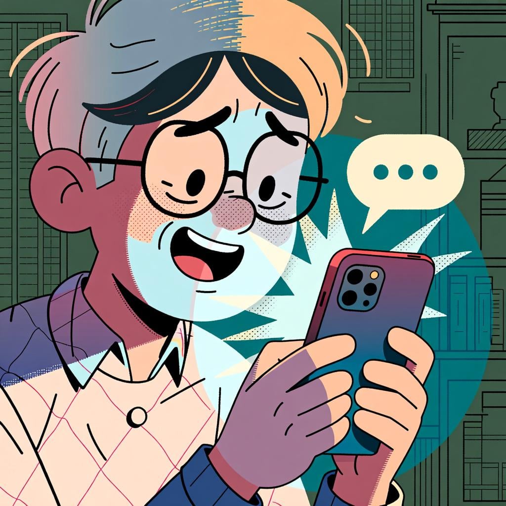 A person receiving a text message on their phone, which makes them smile with relief.