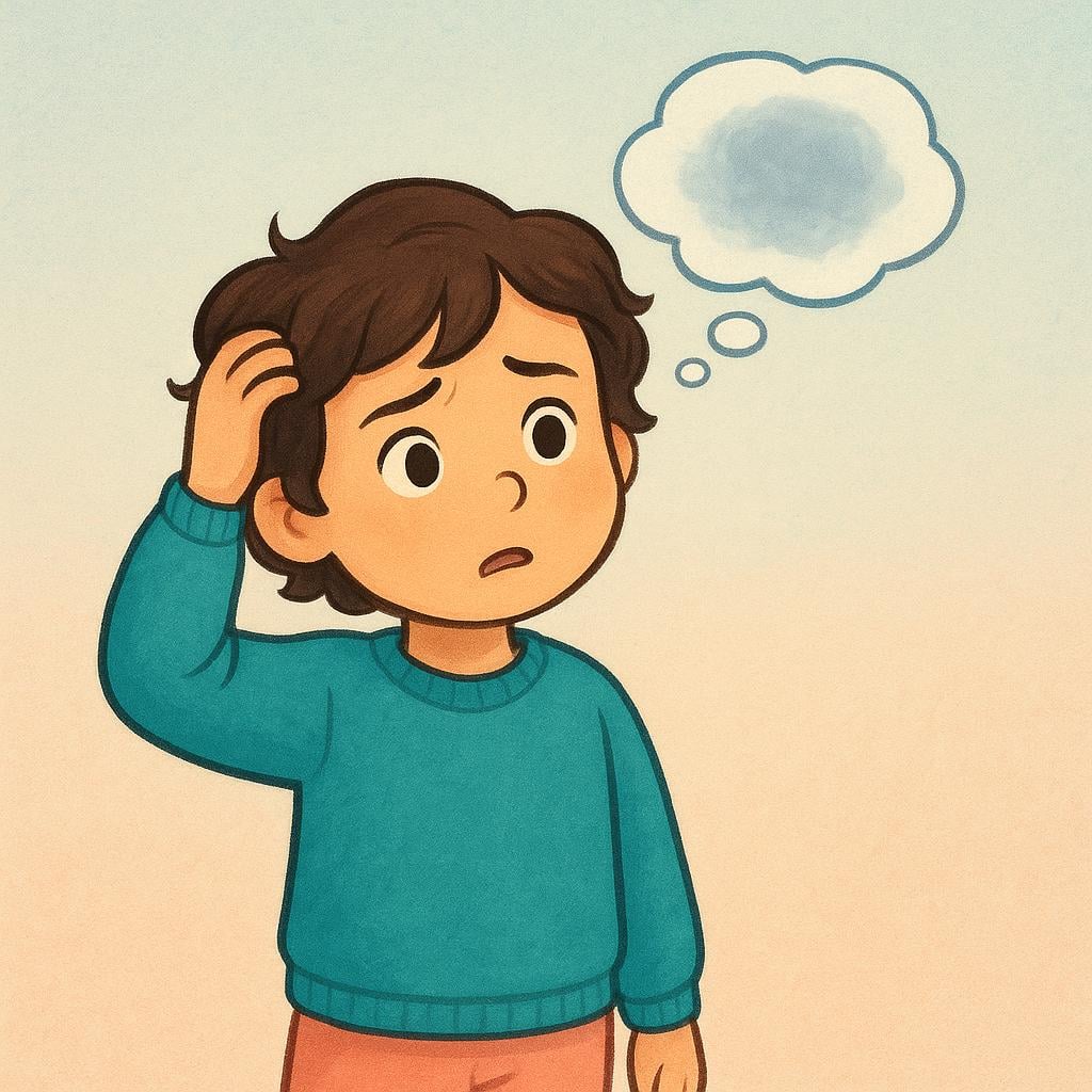 A young character with a confused expression, standing next to a table with a half-eaten sandwich, looking at an empty space where a memory should be.