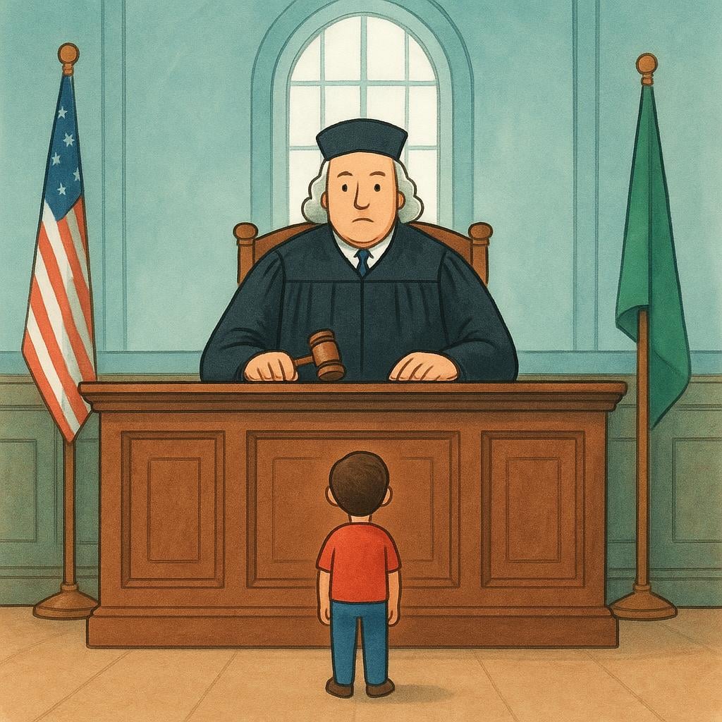 A small person standing directly facing a large, robed judge seated behind a high wooden desk in a formal courtroom setting, illustrating 'before' or 'in the presence of'.