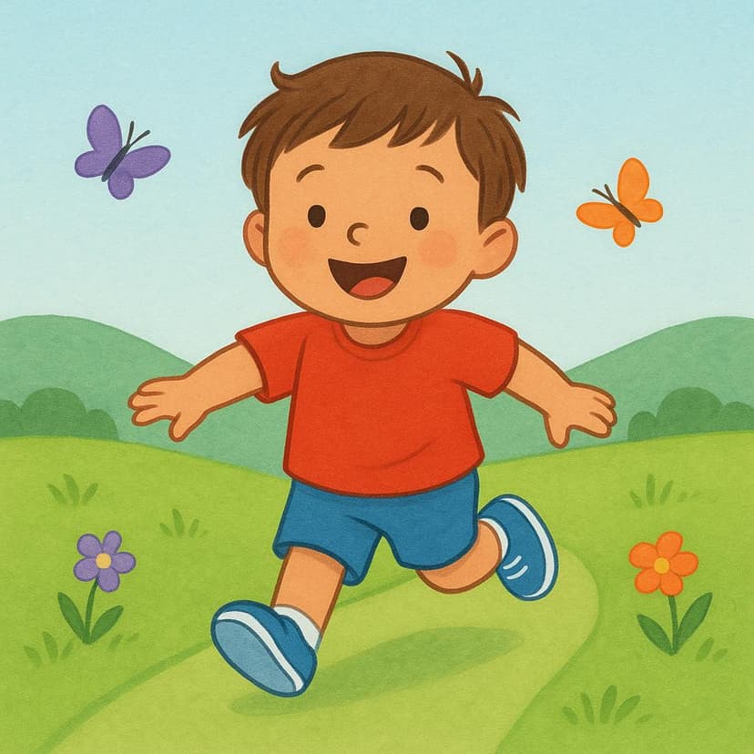 A brightly colored illustration showing a joyful child running down a path directly toward the viewer, indicating motion toward a specific point.