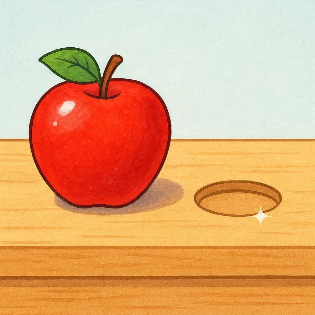 Ein einzelner roter Apfel liegt auf einer Holztheke, neben einer kleinen, leeren Stelle, wo gerade eine Münze entfernt wurde, was anzeigt, dass er kürzlich verkauft wurde.