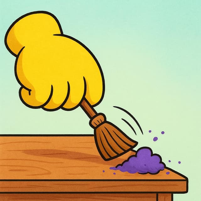 Een cartoonhand die een stapel kleurrijk stof met een kleine bezem volledig van een oppervlak veegt, wat volledige verwijdering illustreert.
