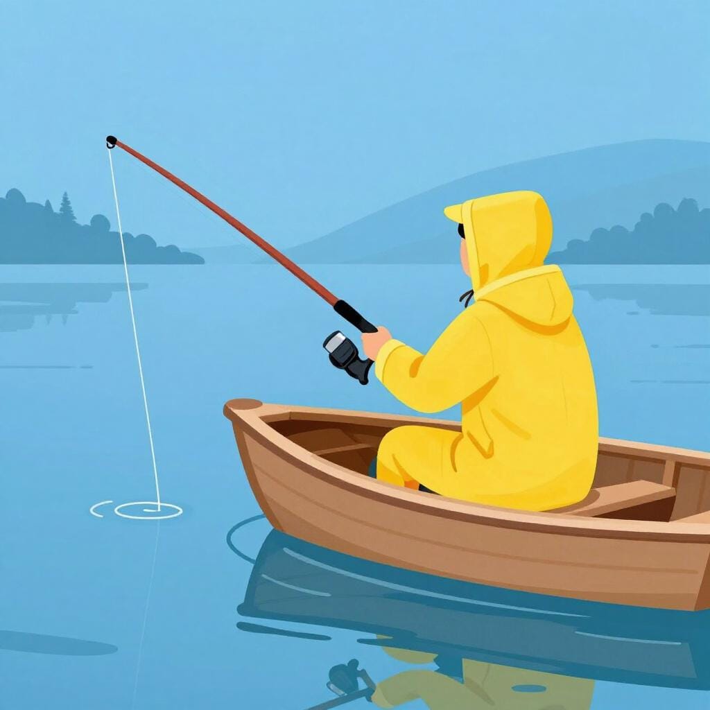A person sitting on a small wooden boat holding a fishing rod over the water.